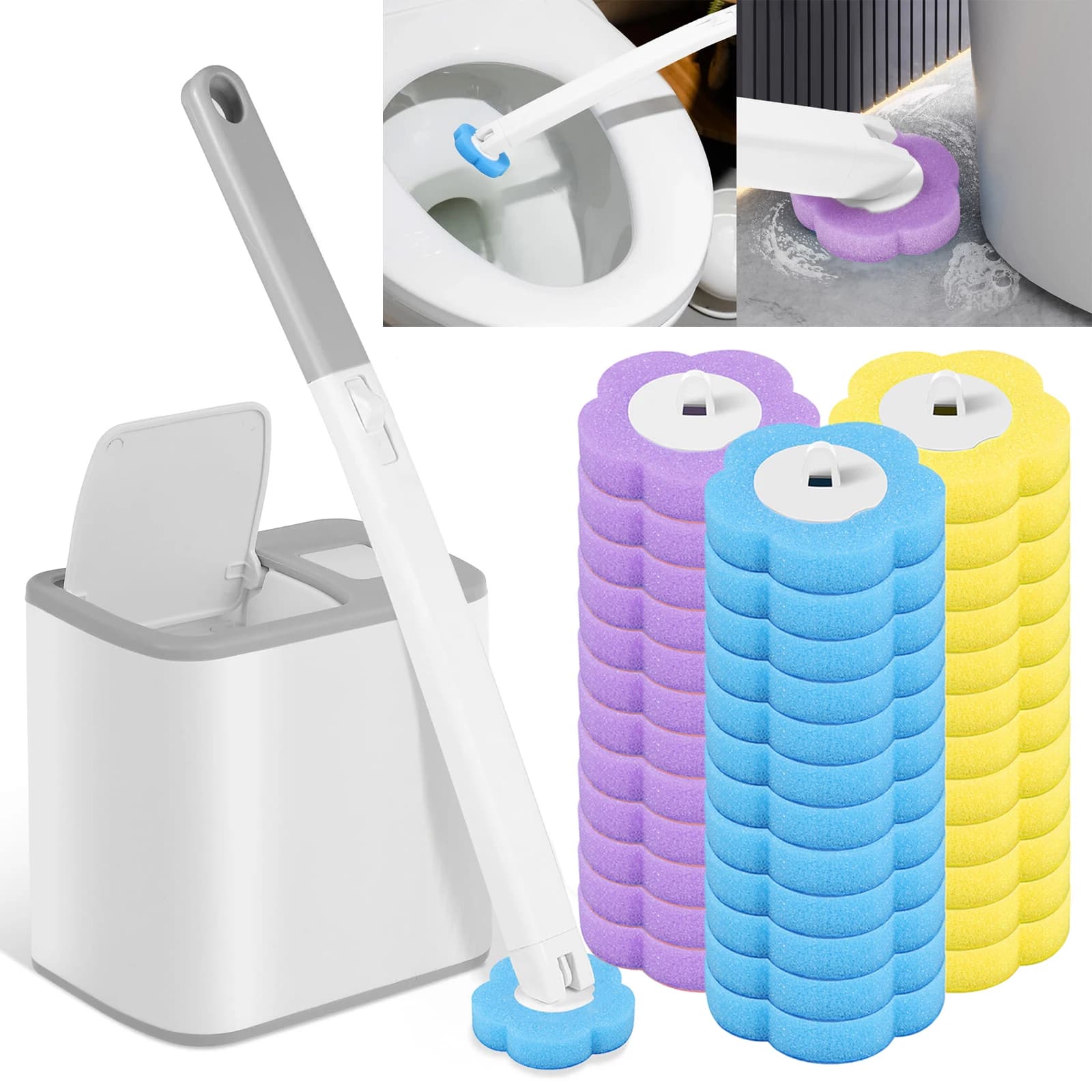 Nuovo scopino per WC Kit di pulizia usa e getta Testina di ricambio Manico lungo Apertura automatica del coperchio Accessori per attrezzi da bagno per WC