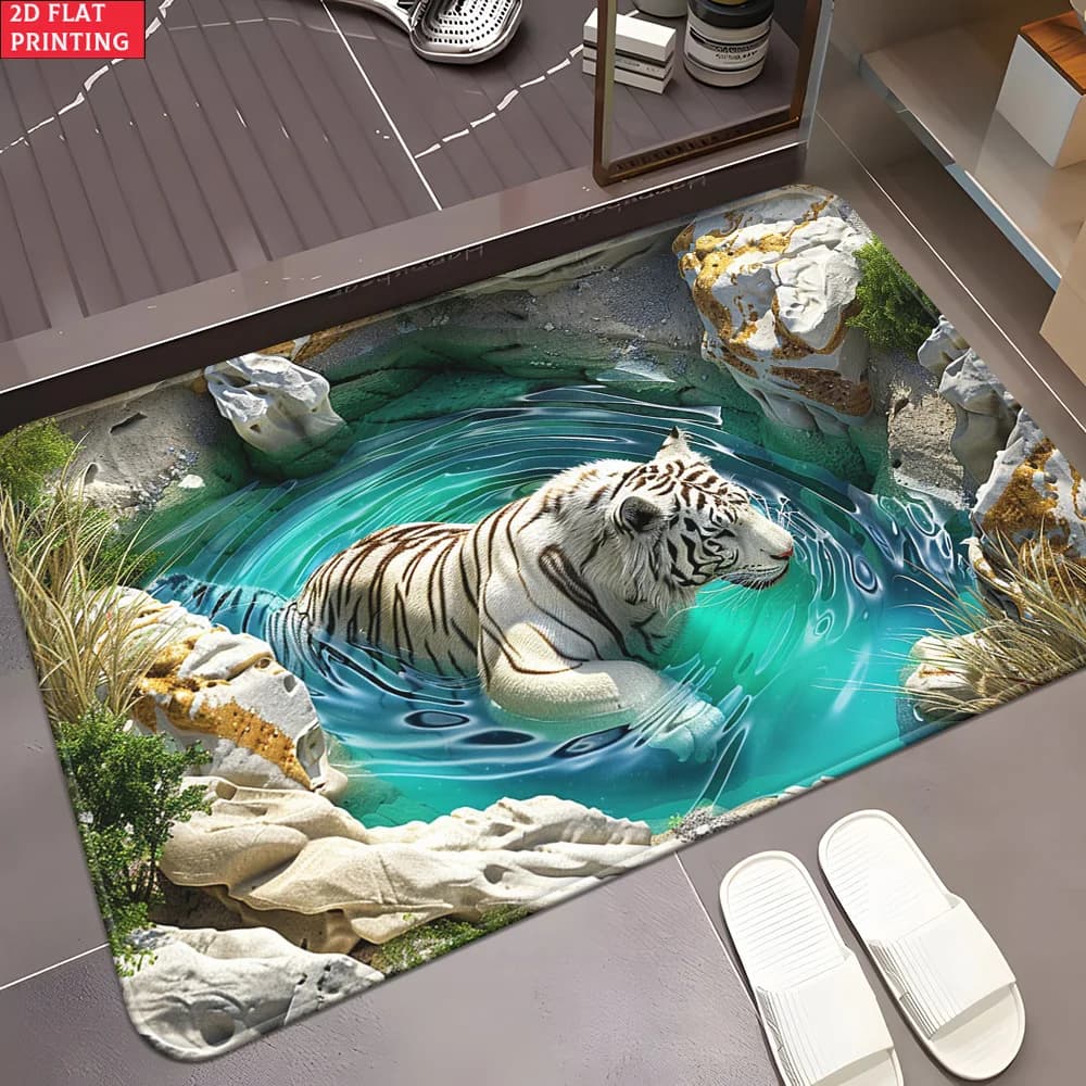 Tappetino per porta piatto 2D Illusion Pond Tiger - Tappeto in poliestere assorbente e lavabile per camera da letto, ingresso del soggiorno e decorazioni per il bagno