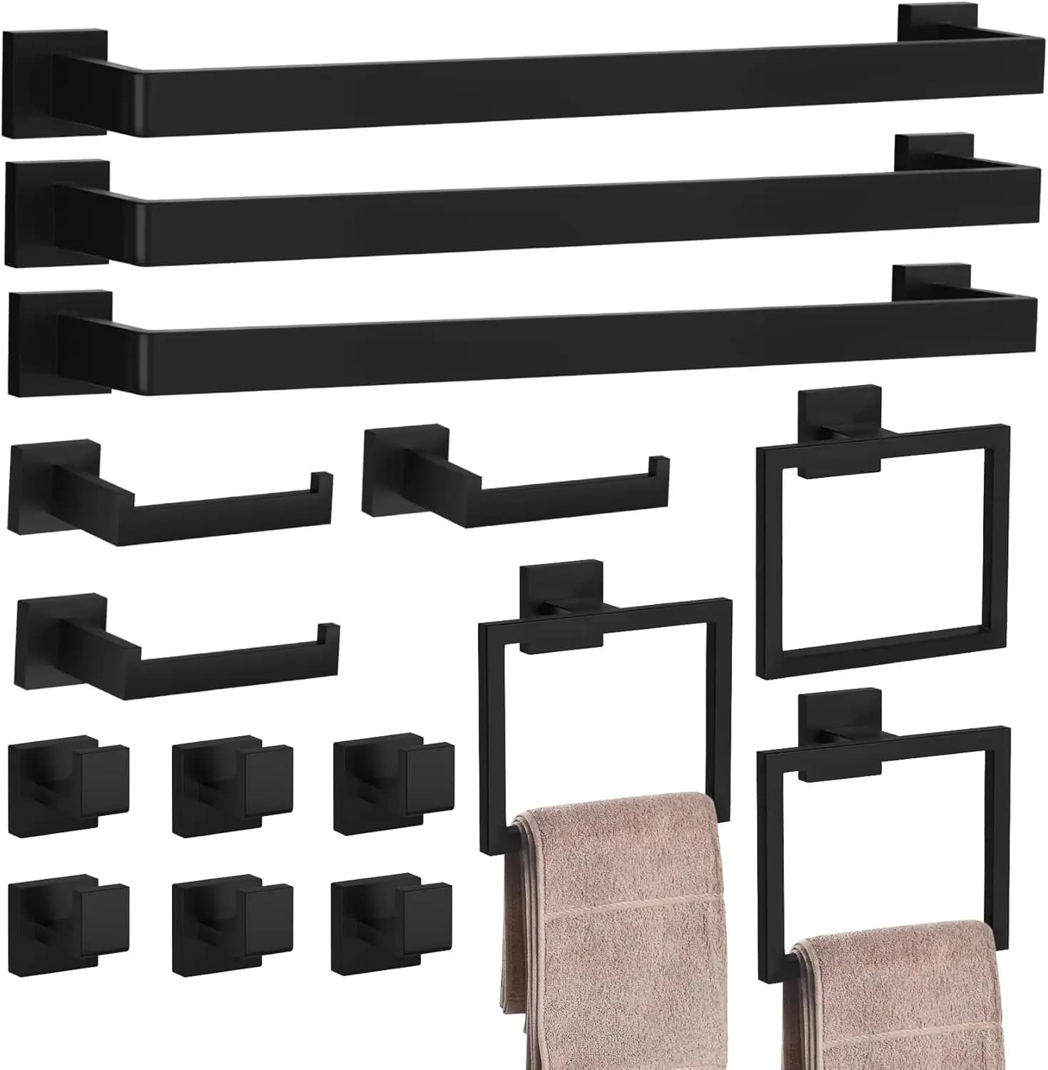 Set da Bagno Nero Opaco 15 Pezzi, Portasciugamani da 60 cm, Supporti a Parete in Acciaio Inox SUS 304