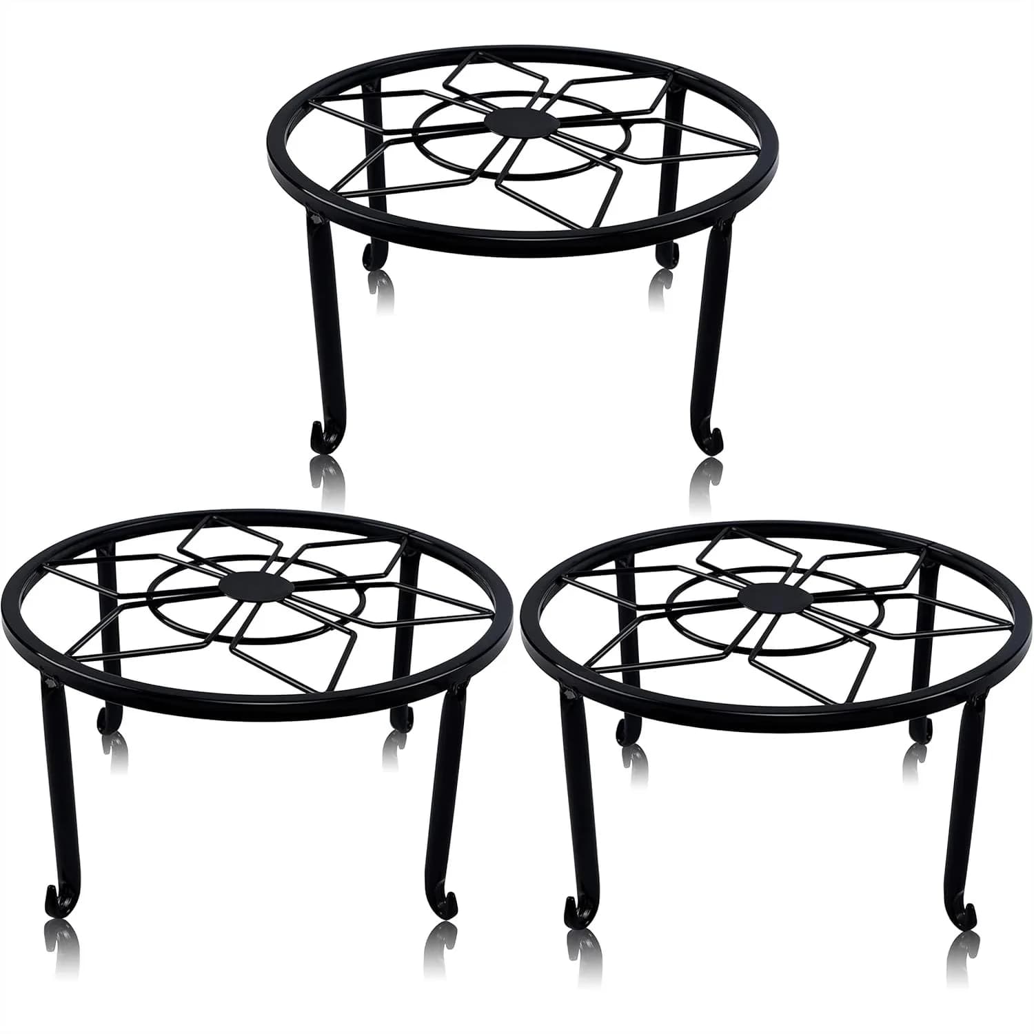 Set di 3 Supporti in Metallo per Vasi di Fiori, Portavasi in Ferro Nero Resistente, Espositore Rotondo Antiruggine per Interni ed Esterni