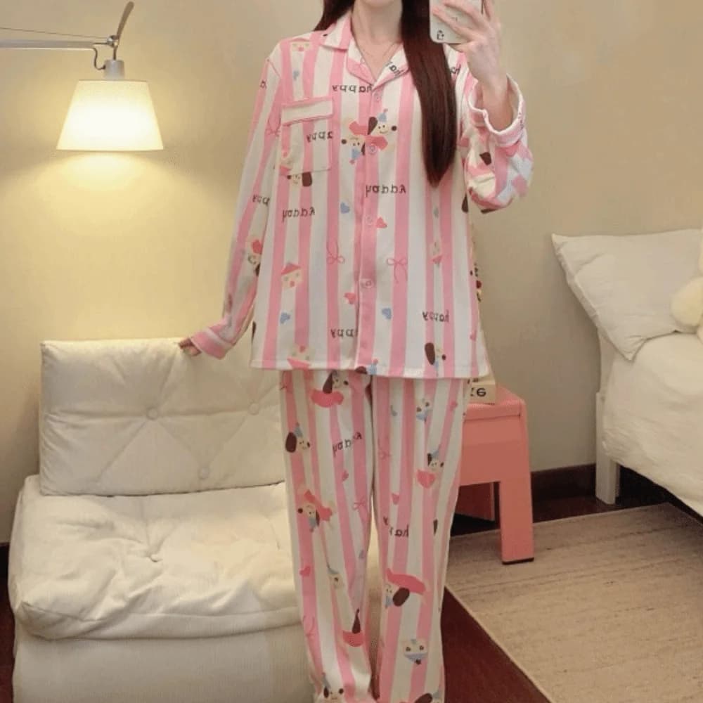 Pigiama a righe con colletto ribaltabile alla moda Set pigiama a maniche lunghe con cane pinguino Abbigliamento casual per la casa Pigiama dolce da donna