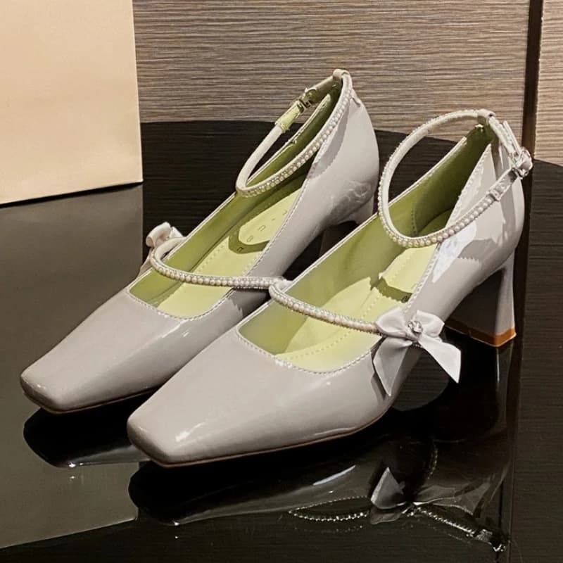Eleganti scarpe Mary Jane con tacco grosso e punta quadrata per donna, design con fibbia bowknot, stilista, tacchi, scarpe da banchetto di lusso