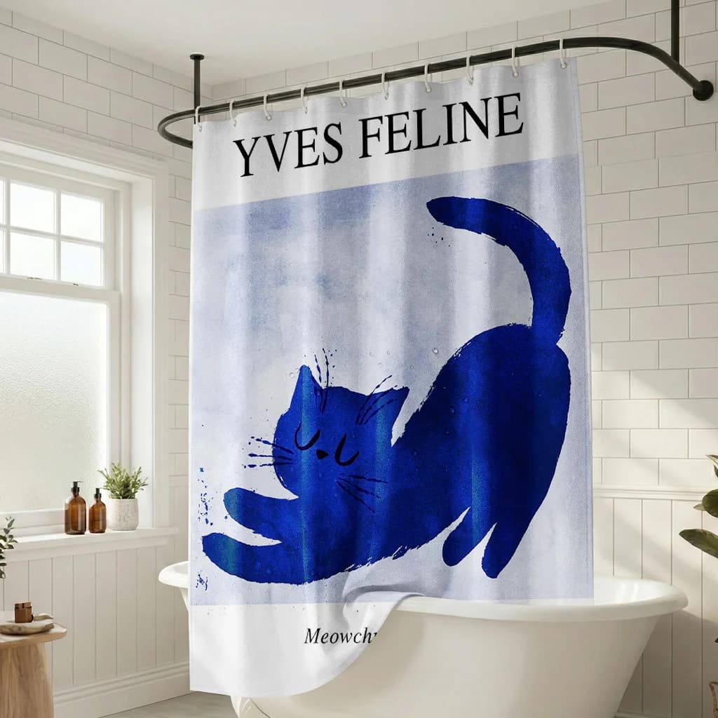 Tenda da doccia artistica Yves Feline Blue Cat - Design creativo con gattini ad acquerello - Tenda da bagno artistica per interni e bagno di casa