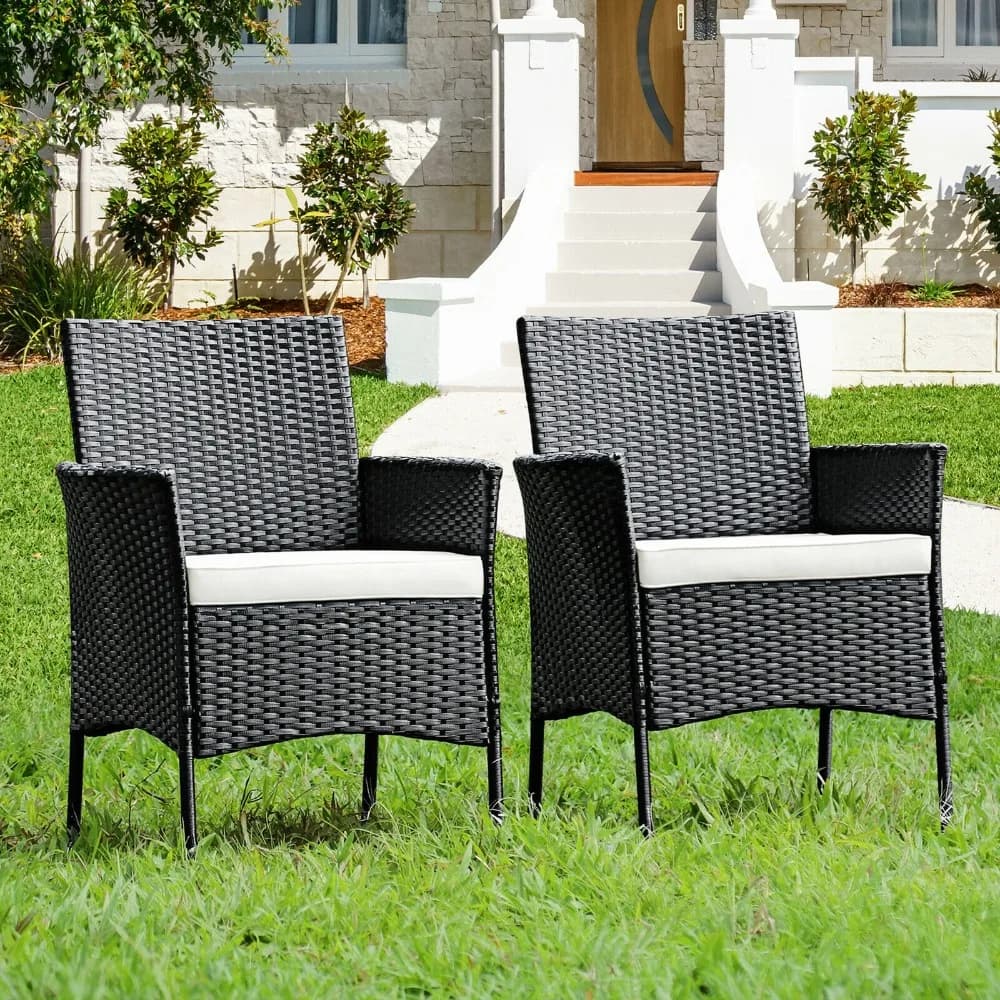 2 sedie da pranzo con braccioli in rattan per patio, mobili da giardino imbottiti, colore nero