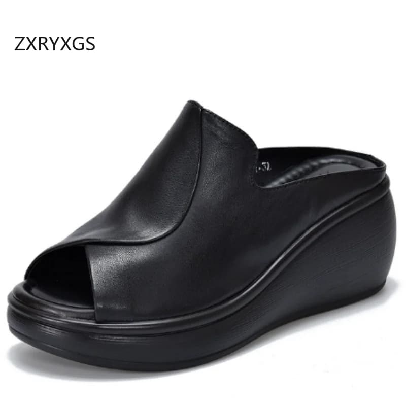 ZXRYXGS Pantofole a bocca di pesce comode ed eleganti in pelle bovina con strato superiore 2025 Nuove pantofole con zeppa estive alla moda Pantofole da esterno per donna