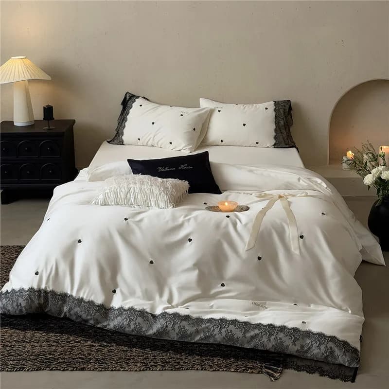 Set di Biancheria da Letto di Lusso in Cotone Egiziano 600TC con Ricamo in Pizzo e Fiocco, Copripiumino, Lenzuolo/Telo con Angoli e Federe per Letto Matrimoniale/King Size