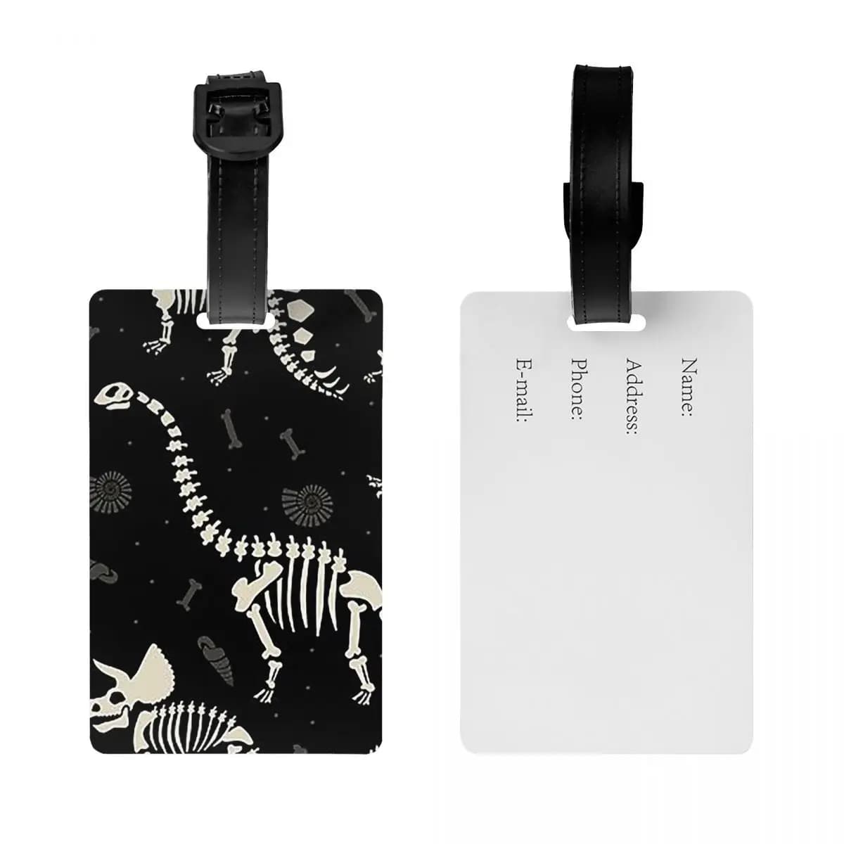 Etichette per bagagli con fossili di dinosauri in nero, accessori per valigie, etichetta per bagaglio da viaggio, porta etichette, identificativo, nome, indirizzo