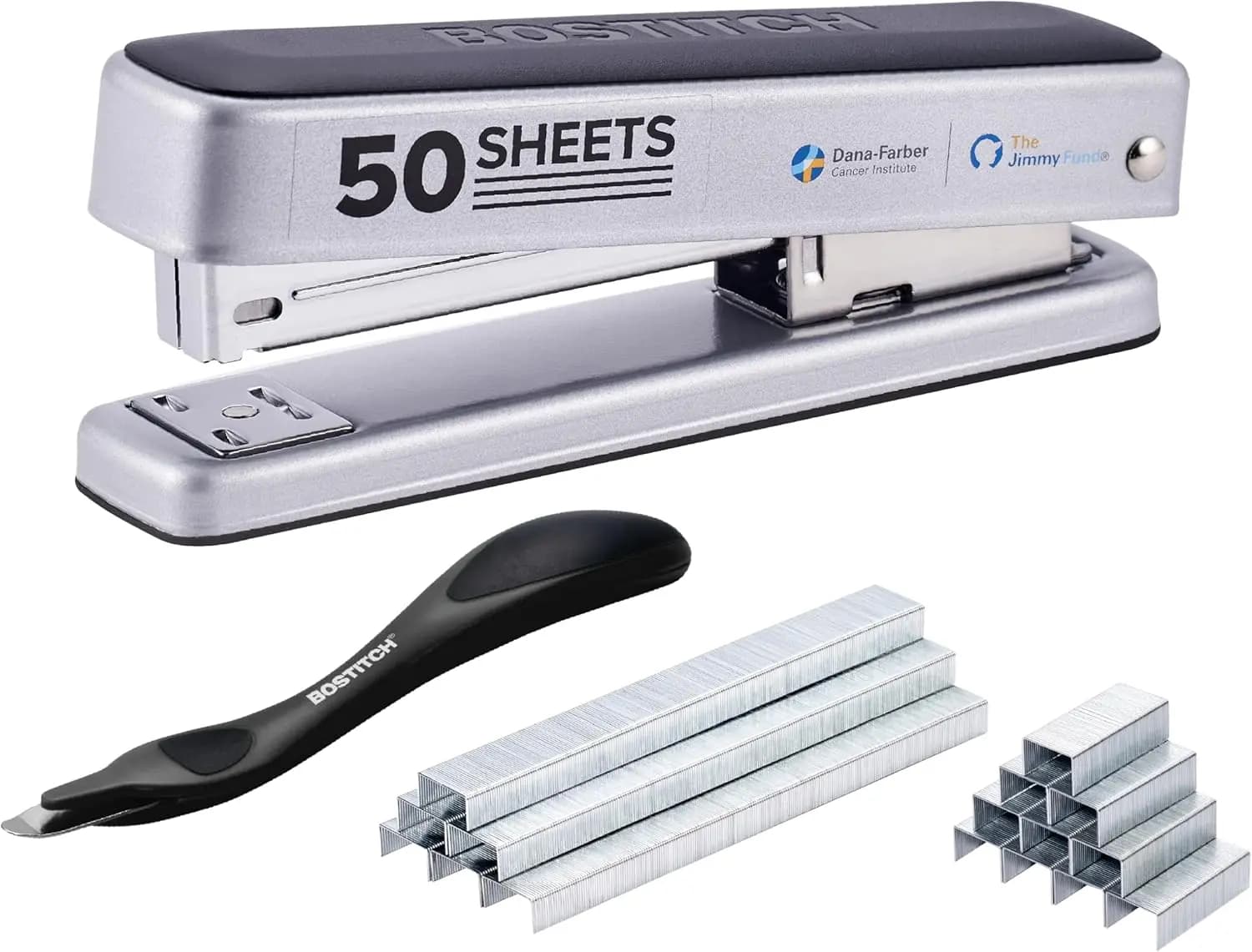 Cucitrice in Metallo Resistente, Capacità 50 Fogli con 1250 Graffette, Rimuovi Graffette Ergonomico, Senza Inceppamenti, Striscia Completa per Ufficio, Scuola, Aula, Argento