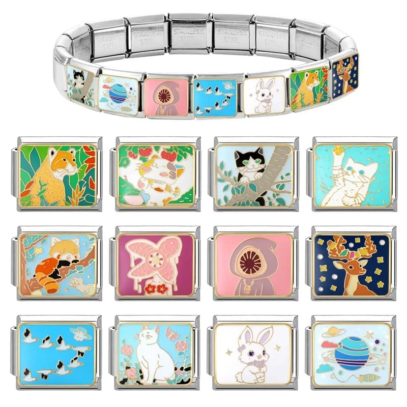 WG 1pc Bracciale modulare italiano Simpatici animali Tigri Gatti Fascino assortito Bracciale con ciondoli modulari fai da te Collegamenti Gioielli