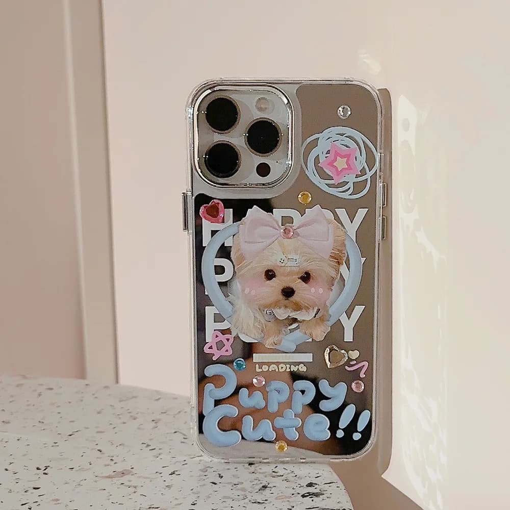 Custodia Protettiva Antiurto per iPhone 17 Air 16 15 14 13 11 12 Pro Max con Specchio e Diamanti, Design Cucciolo Cartone Animato Fai-da-te