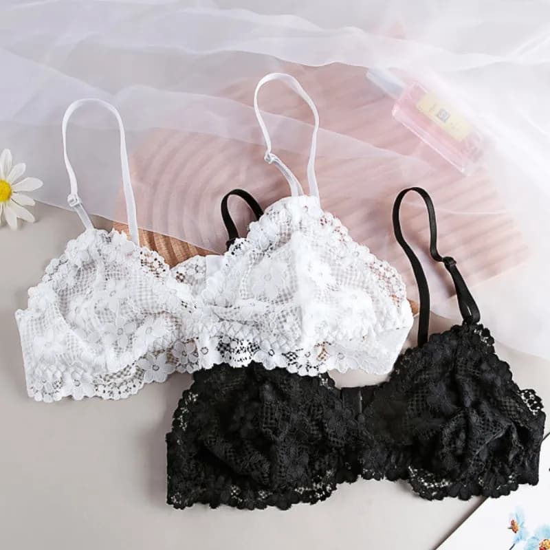 Bralette senza fili per donna Reggiseno push up in pizzo Tinta unita Lingerie trasparente sexy Intimo sexy senza imbottiture Intimo senza ferretto