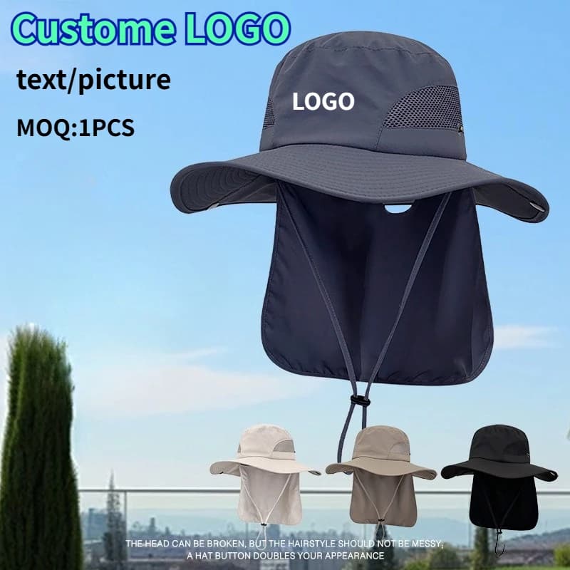 Custom Print Logo Summer Sunshade Waterproof Fishing Cap Outdoor Sports Mountaineering Cycling Large Brim with Shawl Bucket Hat