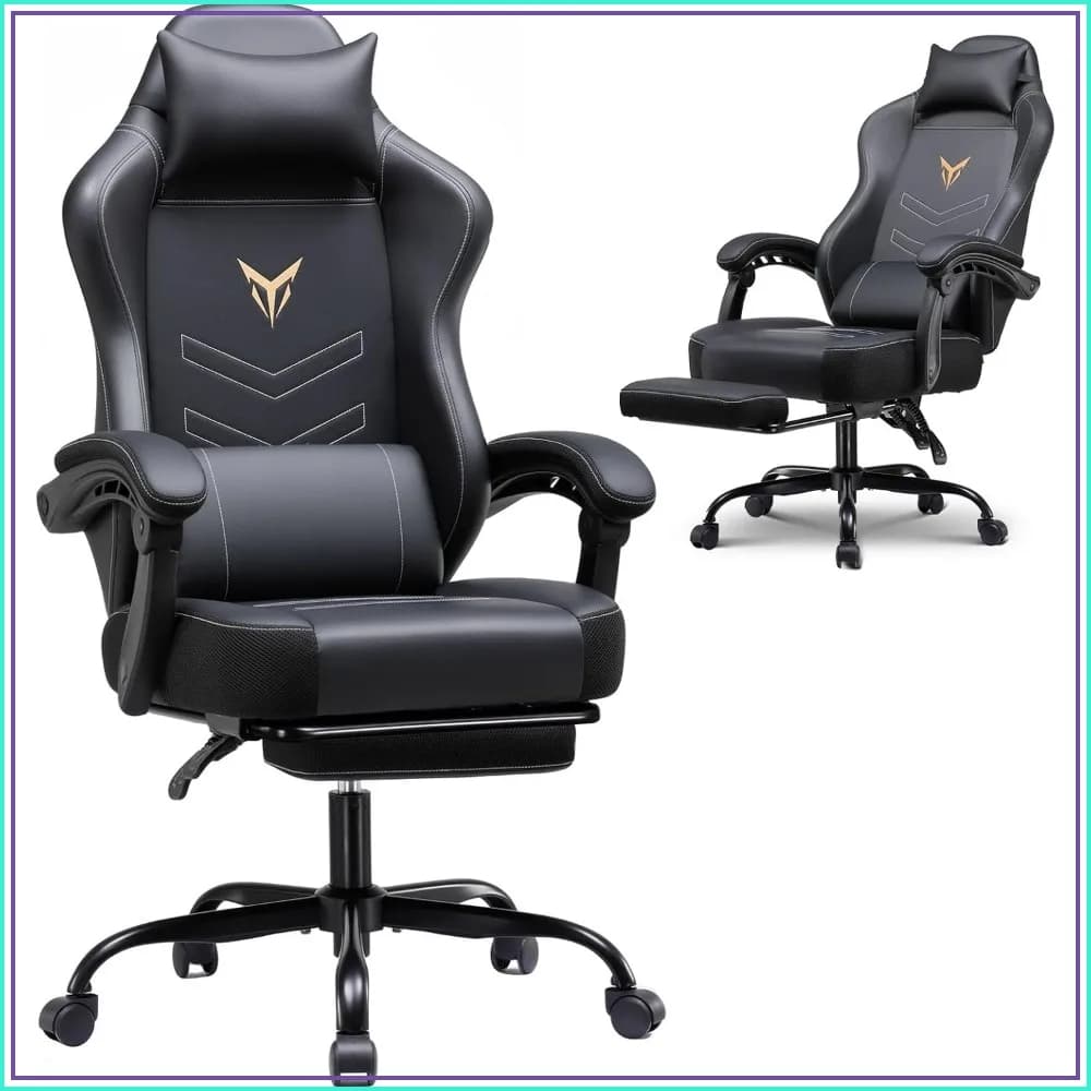 Ergonomic Gaming Chair with Footrest, Recliner, Headrest & Lumbar Support, Linkage Armrest, 350lbs Capacity, High Back Office Chair, Black