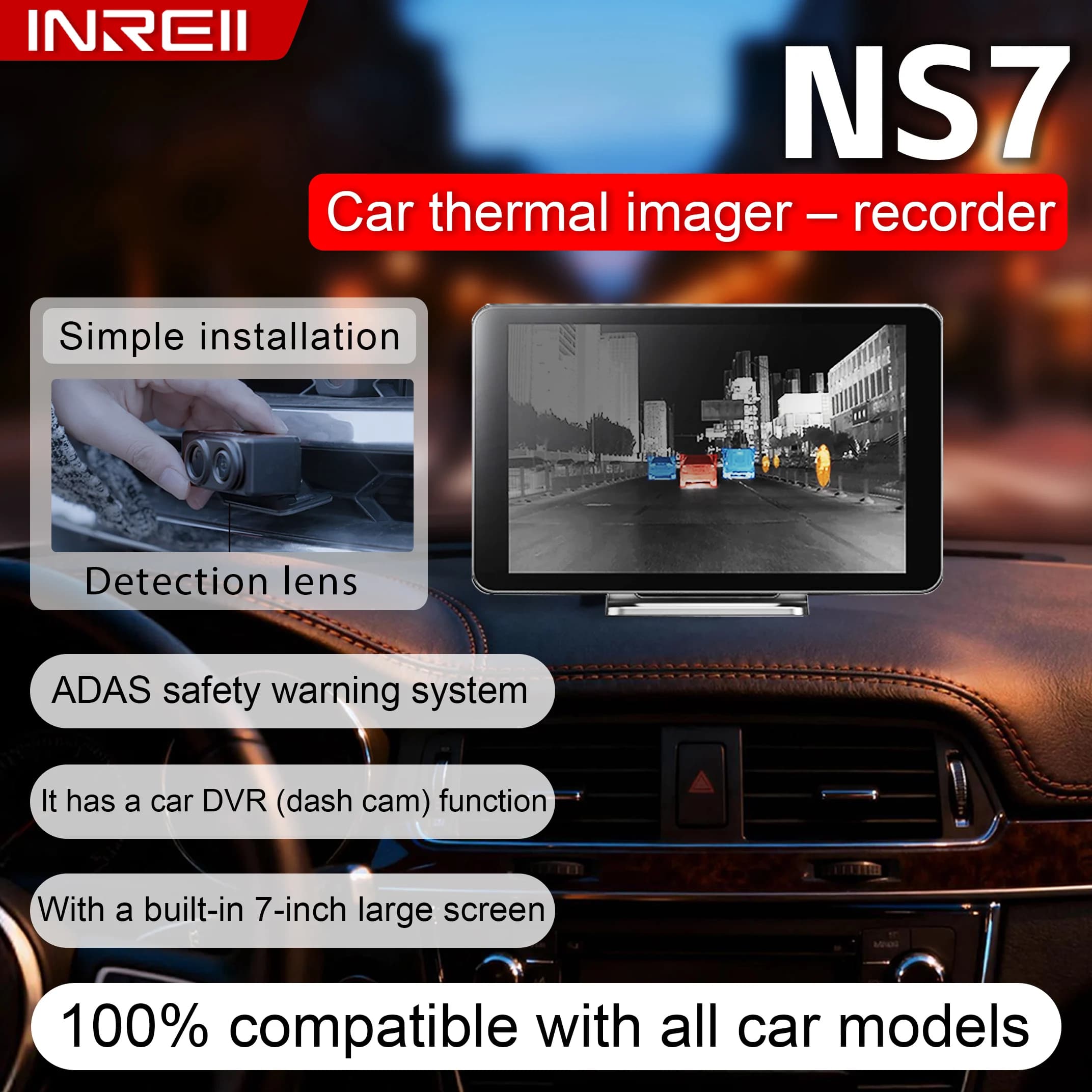 Dash Cam Thermal NS7 for Auto, Support All Models, Dual Light Recording, ADAS Notice, Resolution 256*192, Vehicle Camera