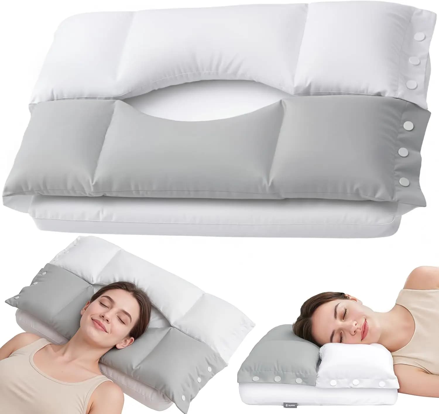 Dual Memory Foam Cervical Bearing Support with Hole to O for Sleeping on the Back, on the Flank and Stomaco - Adjustable Height and Soft Coating