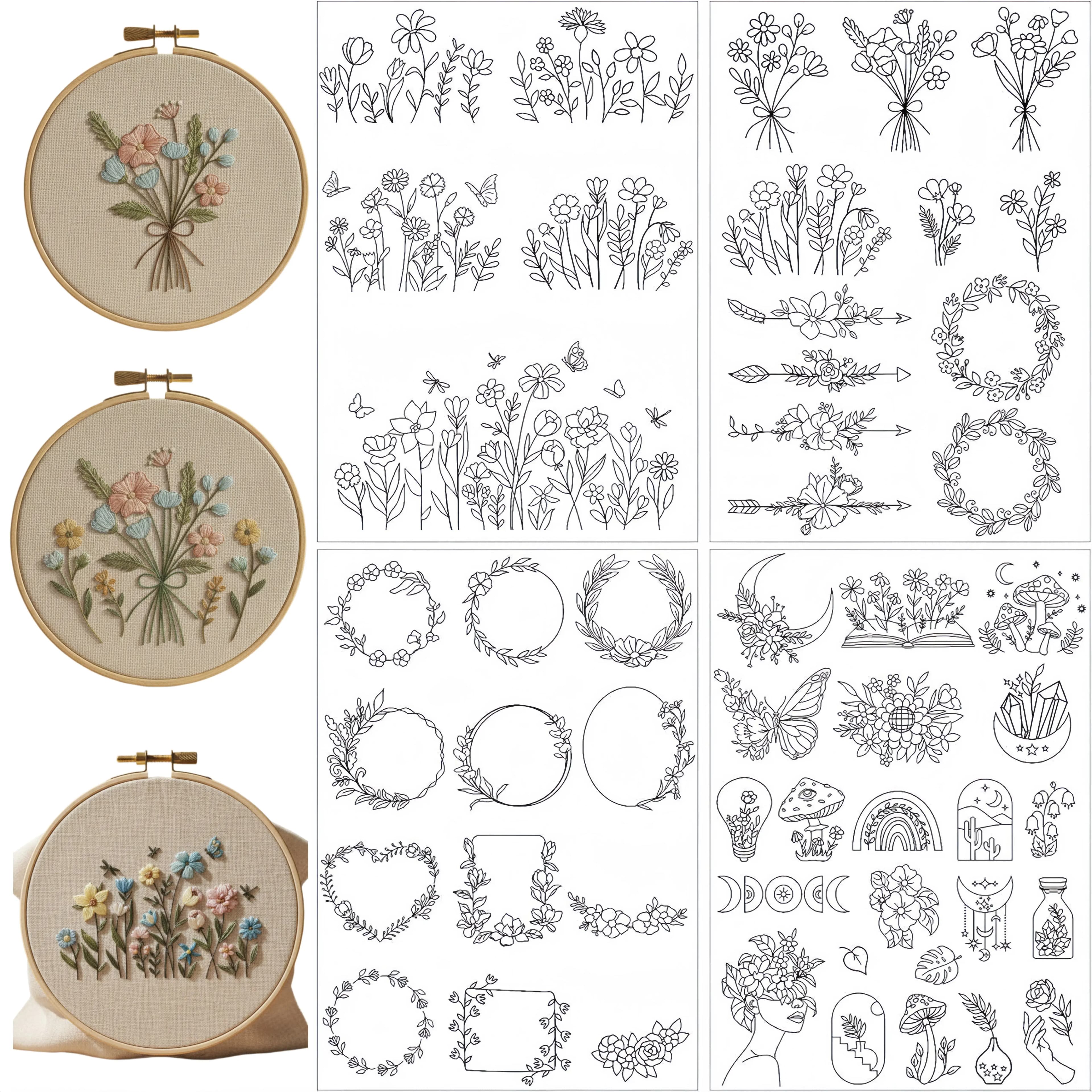 4-Sheet Butterfly & Floral Embroidery Stabilizer - Water-Soluble Self-Adhesive Stickers for DIY Hand Sewing Crafts