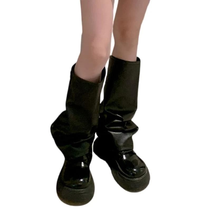 Punk Side Zippers Long Leg Socks PU Leather Leg Warmers Harajuku Baggy Gaiters Boot Covers for Women Streetwear 15UB