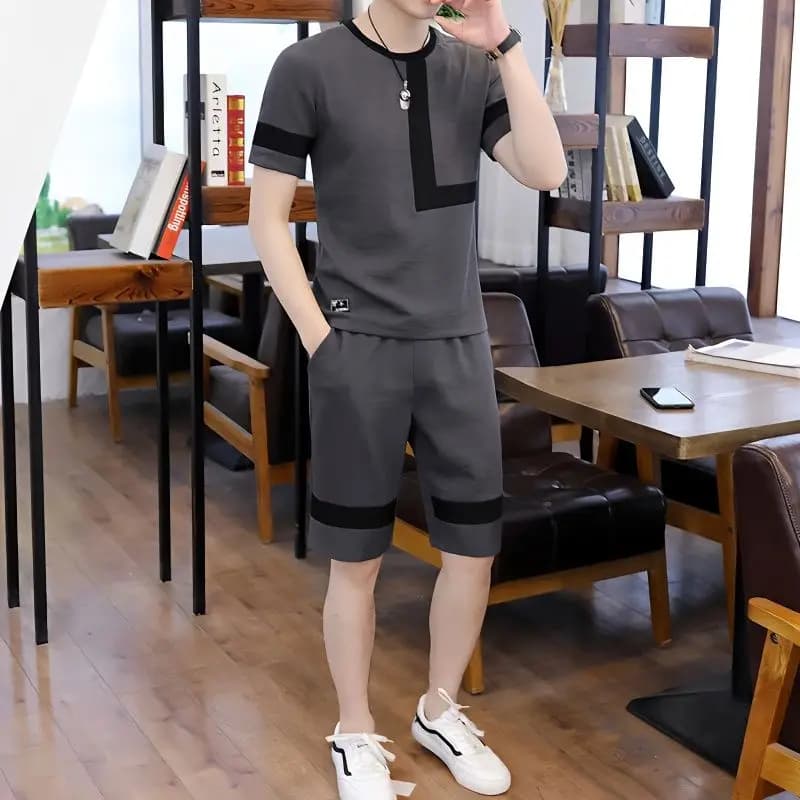 Complete Sports Casual Men's Summer Style Korean Fit Large 2 Pieces: T-Shirt Sleeves Court and 3/4 Shorts Breathable in Mixed Fabric