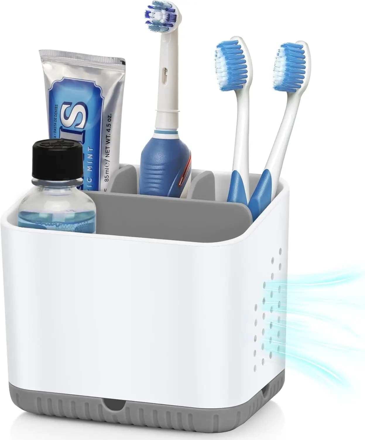 Portaspazzolini a 4 scomparti per il piano del bagno, organizer per spazzolini elettrici e dentifricio per bambini, drenaggio antiscivolo, grigio