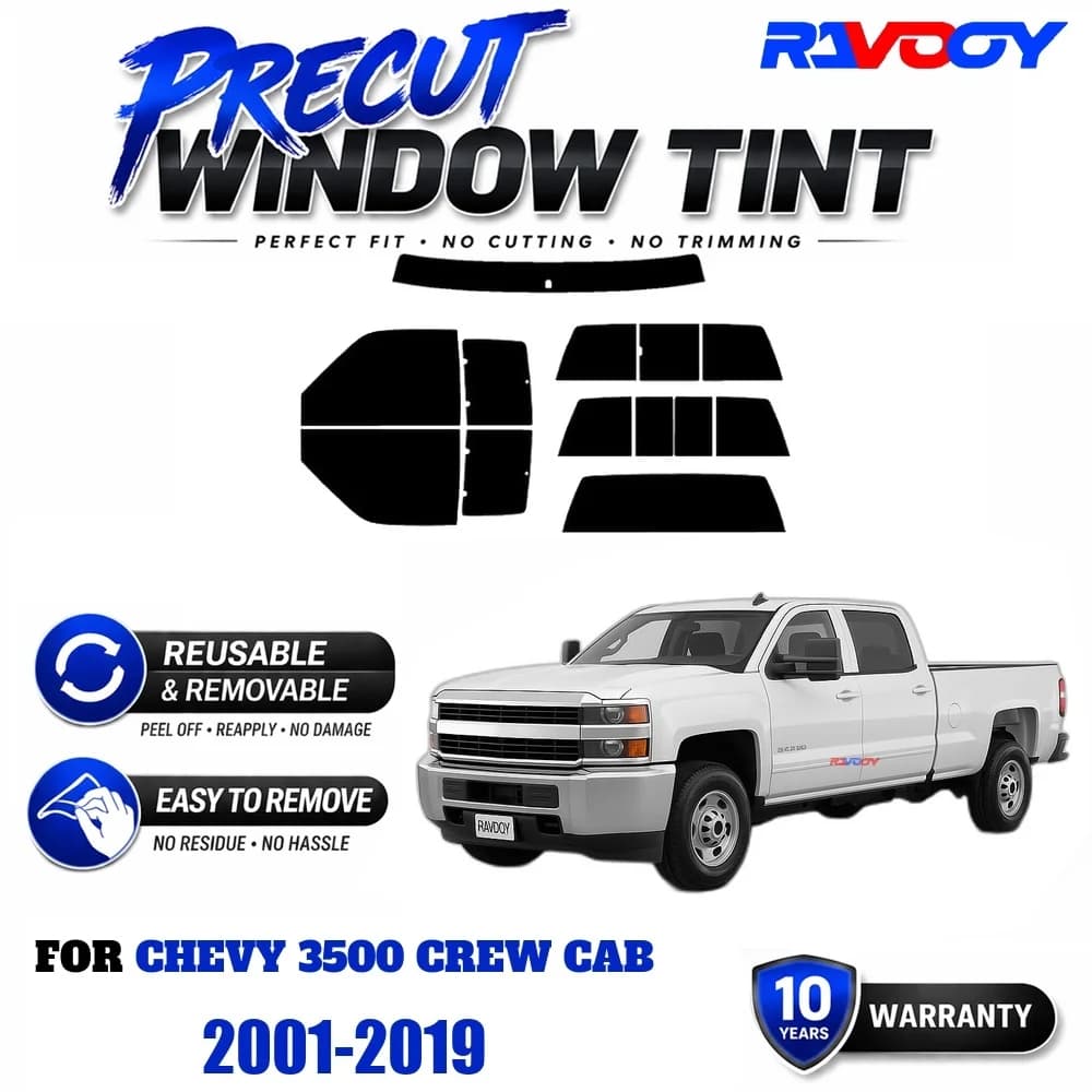 RAVOOY Precut Window Tint, Reusable Removable EPU Film, Custom Fit for Chevy 3500 Crew Cab 2001-2019, UV Heat Protection