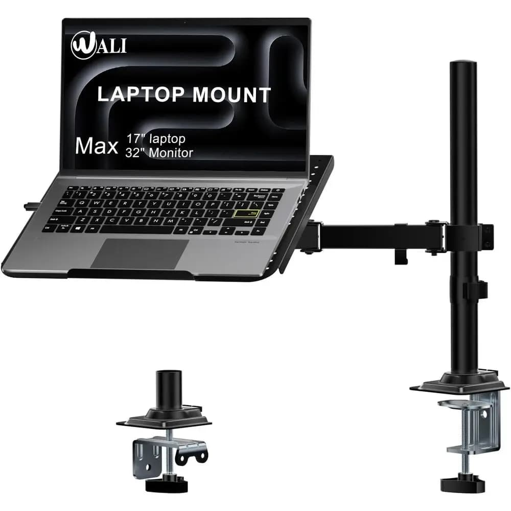 Adjustable Single Monitor Arm with Laptop Holder, 17 inch Notebook, 32 inch Stand with Ventilated Tray, Up to 22 lbs, Black