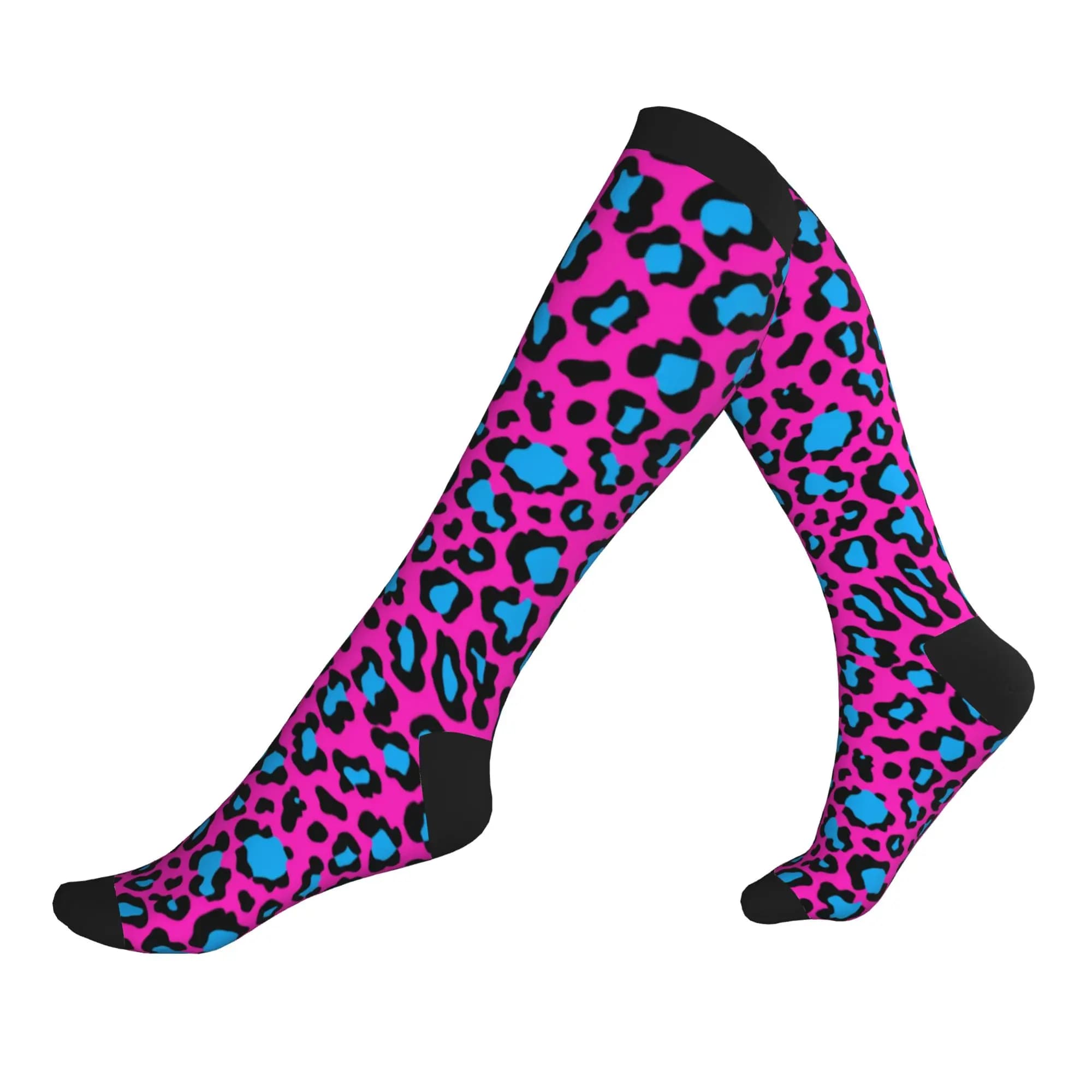 Calzini da uomo e da donna con stampa leopardata rosa neon e azzurro, calzini sportivi a compressione, caldi e divertenti