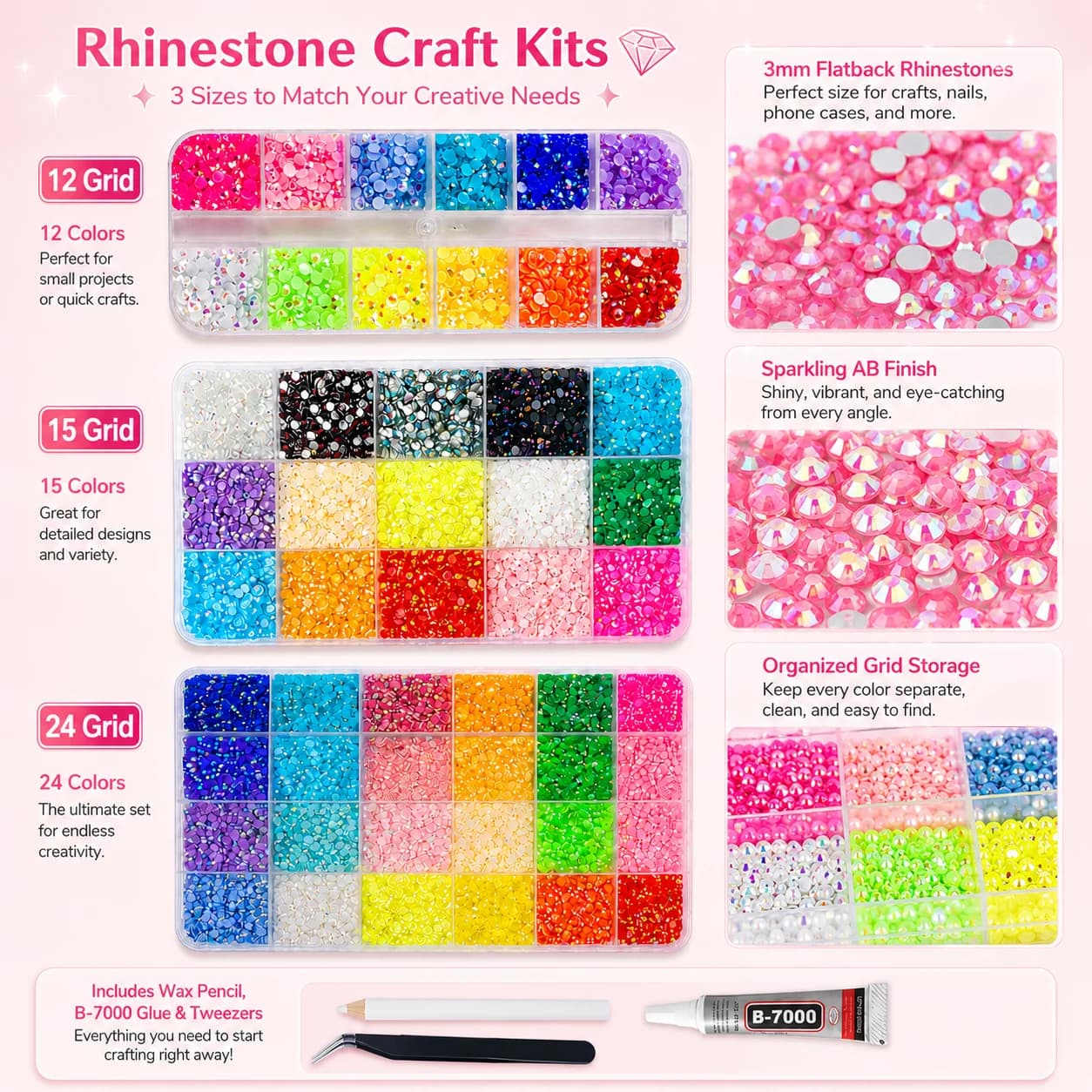 3mm Flatback Nail Art Rhinestones Kit 12/15/24 Grids Optional with B-7000 Glue Tweezers Wax Pen for DIY Manicure Decor Supplies