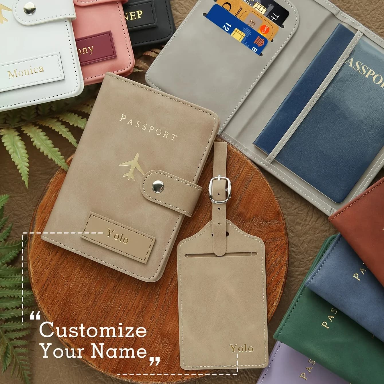 Set di 2 Porta Passaporto Personalizzati e Etichette per Bagagli in Pelle Scamosciata con Fibbia, Copertina per Passaporto Artigianale Personalizzata con Nome