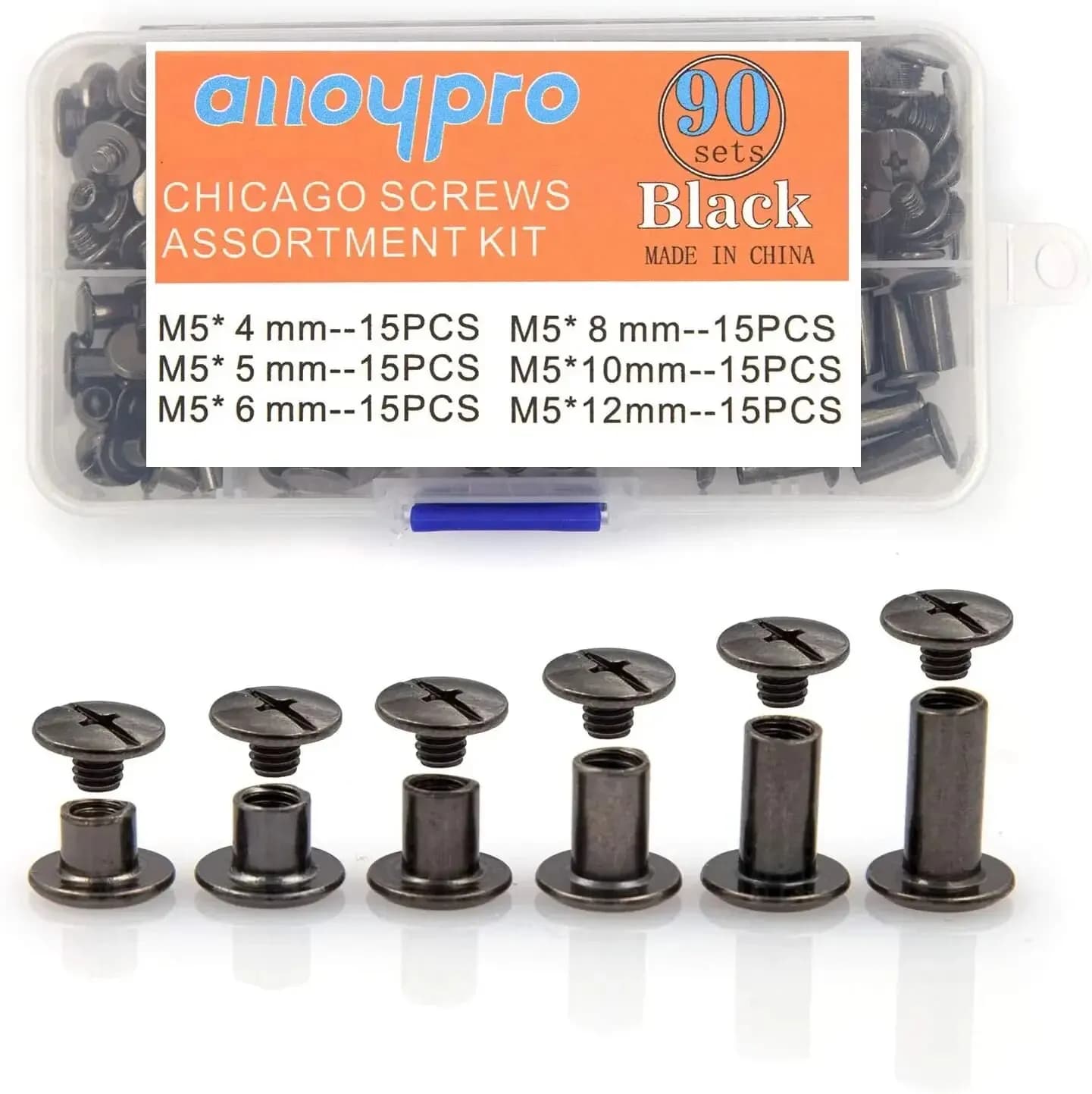 Kit di viti Chicago da 90 set, 6 dimensioni di rivetti in pelle a testa piatta rotonda Borchie a vite in metallo per artigianato in pelle fai-da-te e rilegatura
