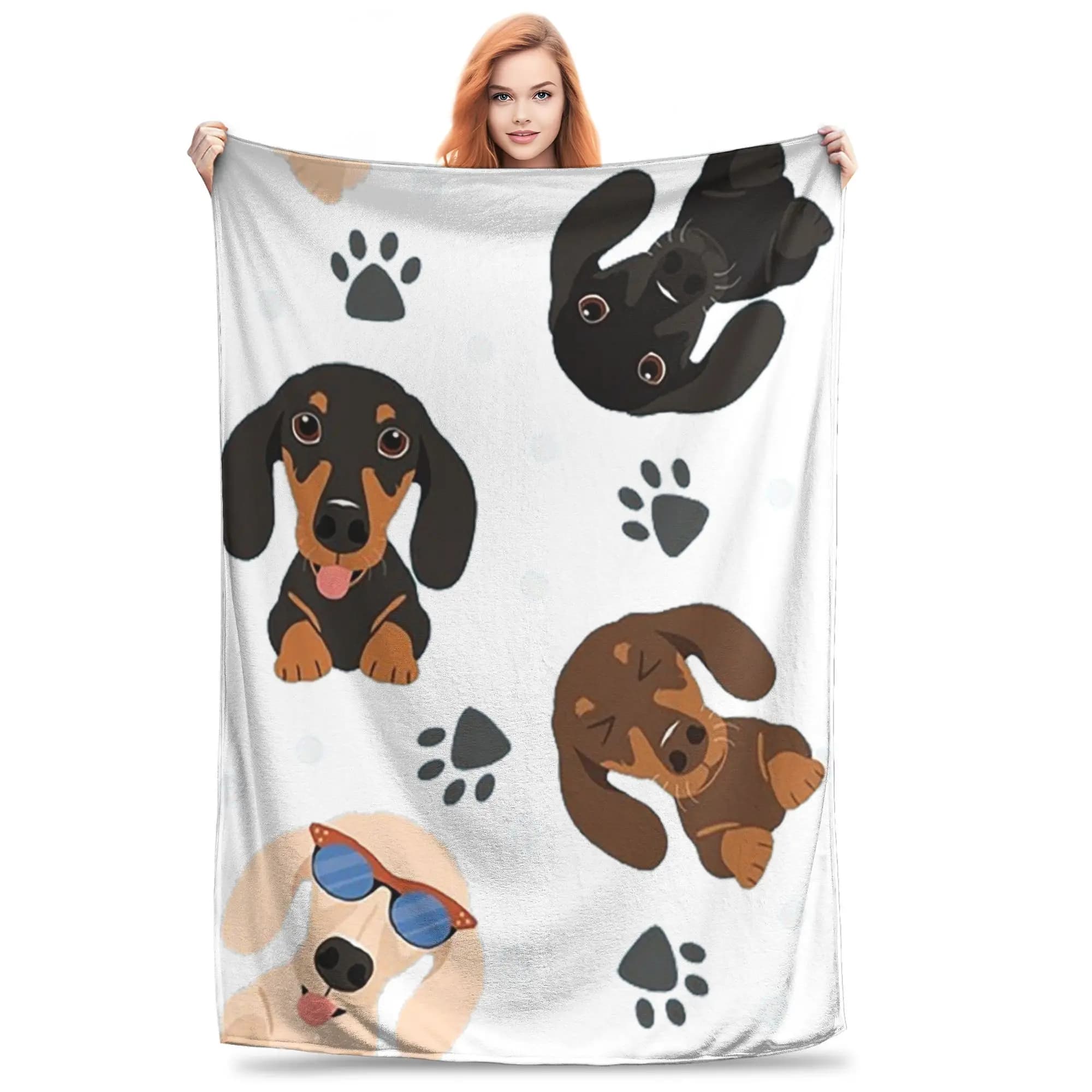 Coperta per cani con salsiccia felice bassotto, morbida e calda coperta in flanella per letto, soggiorno, picnic, viaggio, divano di casa