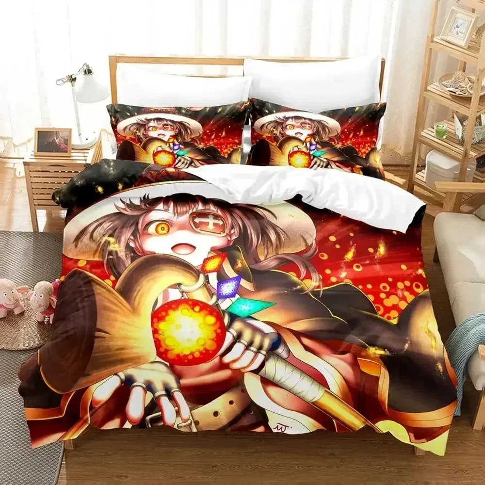 Set di Biancheria da Letto Anime KonoSuba per Bambini e Adulti, Copripiumino Stampato alla Moda, Federe, Set Completo, Lenzuola, Copriletto, Misure Queen e King