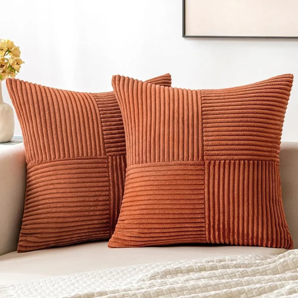 Boho 18x18 inch rust cushion cover for sofa bed soft corss velvet ribbed patchwork texture pillow with terracotta accent
