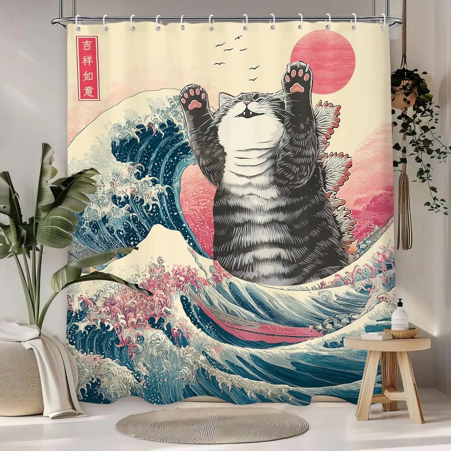 Unique Polyester Cat Japanese Wave Shower Curtain Waterproof Bathroom Liner Anime Kawaii Ocean Style Tropical Decor Gift Idea