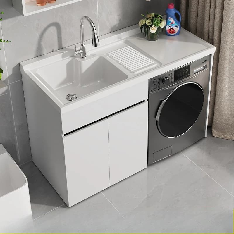 Mobile Lavanderia da Balcone con Lavabo Integrato, Vano Lavatrice con Asse per Stendere e Mobile da Bagno