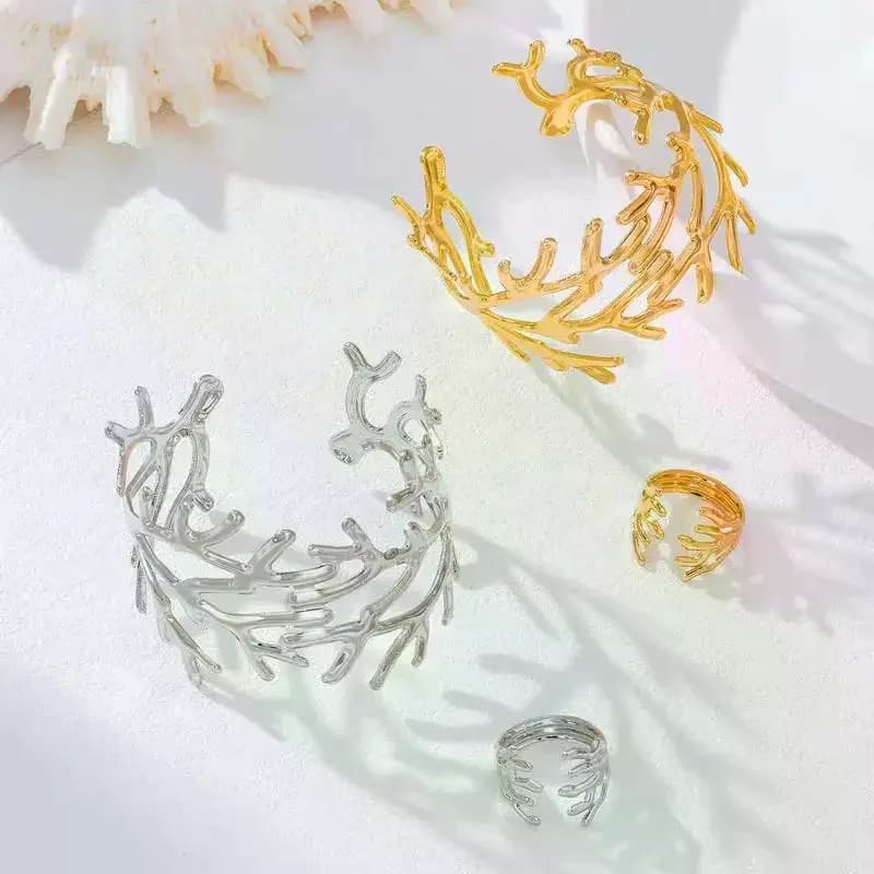 2 PCS Gold Coral Branch Design Bangle And Ring Set Polished Finish For Party Date Daily Wear