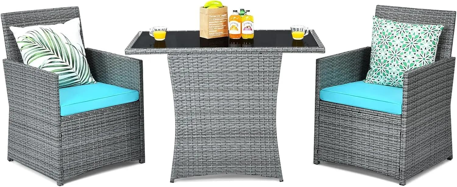 Outdoor dining set in 3 pieces with PE rattan, tempered glass table and padded chairs for garden, patio, poolside