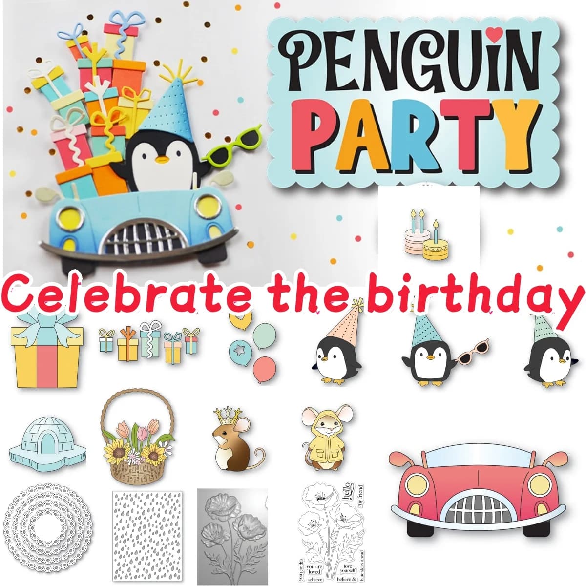 Regalo di compleanno Torte Auto Pinguino Mouse Metallo Fustelle Francobolli trasparenti Stencil Hot Foil per la decorazione fai da te Scrapbook Card 2026