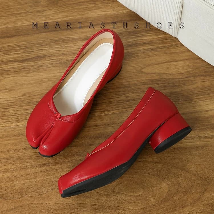 Women genuine leather slip-on Split Toe loafers 4cm thick med heel casual female summer pumps tabi shoes for women plus size 42