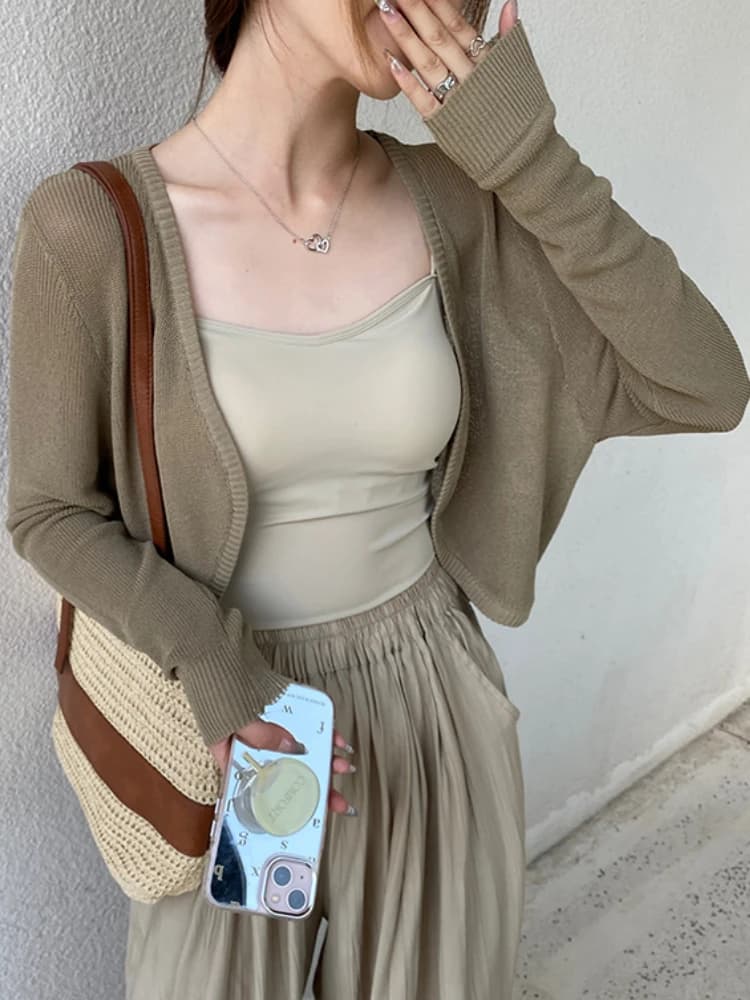 Women's slim white cardigan, summer sun protection, knitwear with laces, woman's top, Korean style, casual, long sleeve, short, sun protected