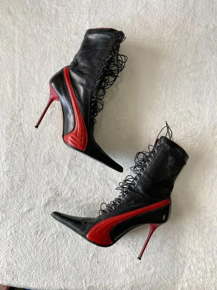 Black and red leather sexy leather Motorcycle boots for women lace pointed toe ankle booties high heels designer chic shoes