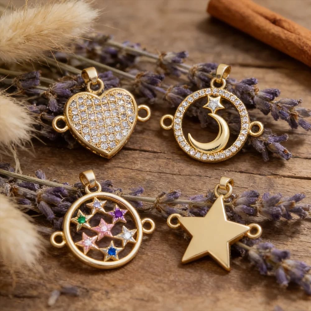 2 pezzi connettori a maglie in ottone zirconi luna stella cuore ciondoli gioielli fai da te collana braccialetto accessori rotondi vuoti per donna uomo