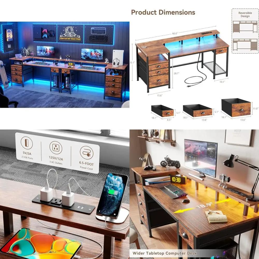 Marrone Rustic Style Computer Desk with Mobile Archive, shelves, LED Lights, Monitor Support, Current Grips and 4 Drawers