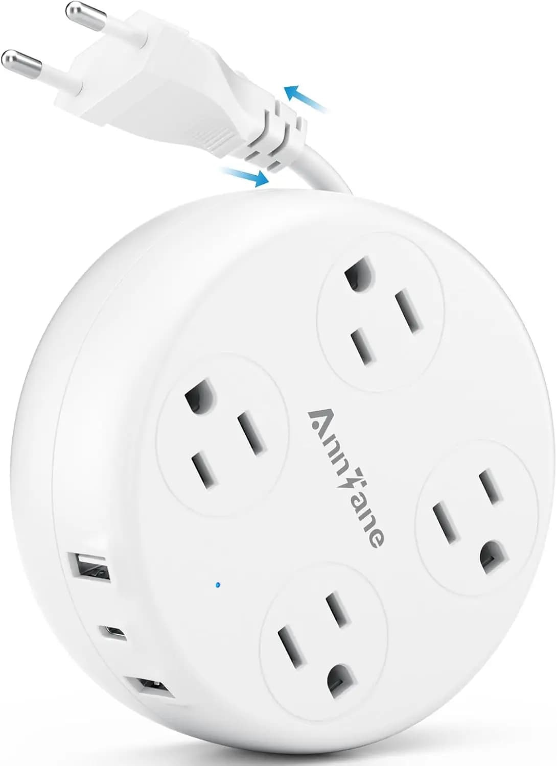 Adattatore da Viaggio EU Retrattile: 4 Prese AC, 3 USB (USB-C), Tipo C, Bianco