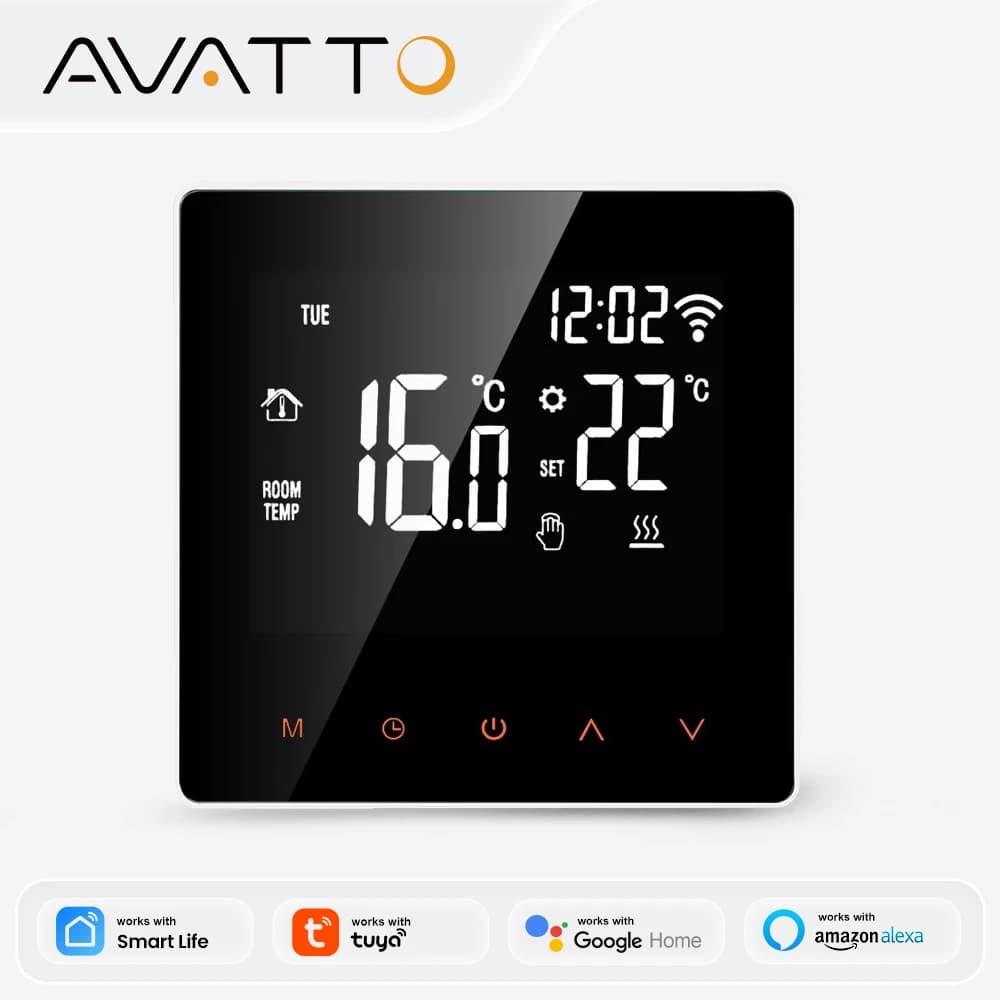 Termostato intelligente WiFi AVATTO, riscaldamento elettrico a pavimento 16A, controllo remoto della temperatura per caldaia acqua/gas 3A, compatibile con Tuya e Google Home