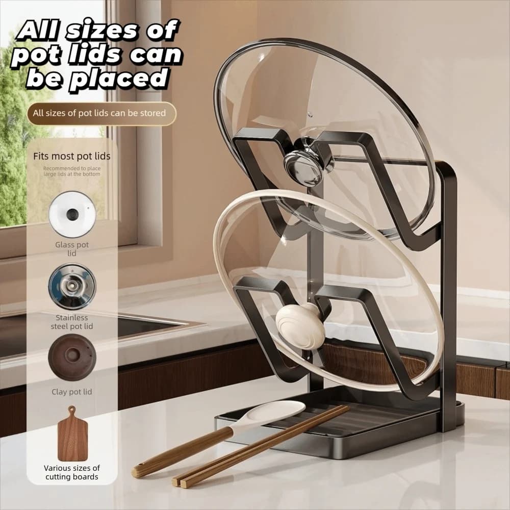 Double Layer Pot Lid Rack Non-Slip Draining Cutting Board Holder Large Capacity Removable Drip Tray Pot Lid Organizer
