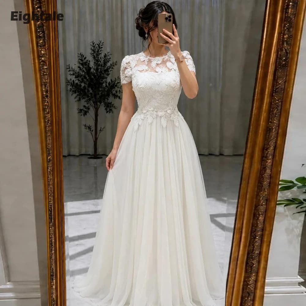 Eightale Arabic Wedding Dress Lace Customized Ivory Bridal Gown Short Sleeves A-Line Bride Party Dress Vestido De Novia