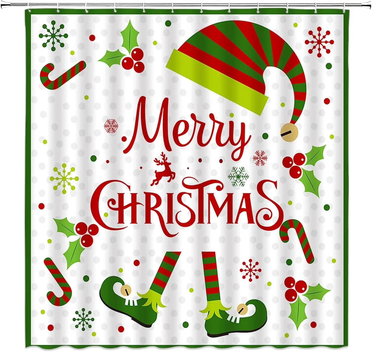 Cute Santa Elf Legs Snowflake Shower Curtain with Funny Quote Cartoon Design, Winter Holiday Bathroom Decor Polyester with Hooks