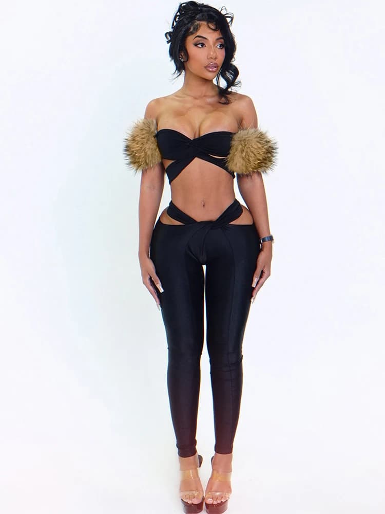 Sisterlinda Hollow Cross Donne Sexy 2 Pezzi Set Tuta Slash Neck Pelliccia Patchwork Top + Leggings a Vita Alta Corrispondenza Streetwear
