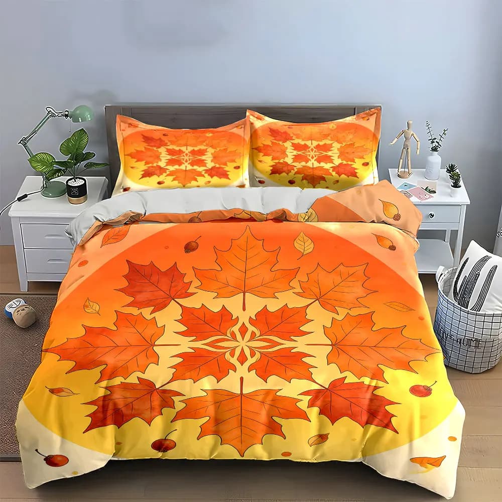Set di decorazioni con motivo foglie autunnali, set di biancheria da letto morbido e confortevole, include 1 copripiumino e 2 federe, regalo