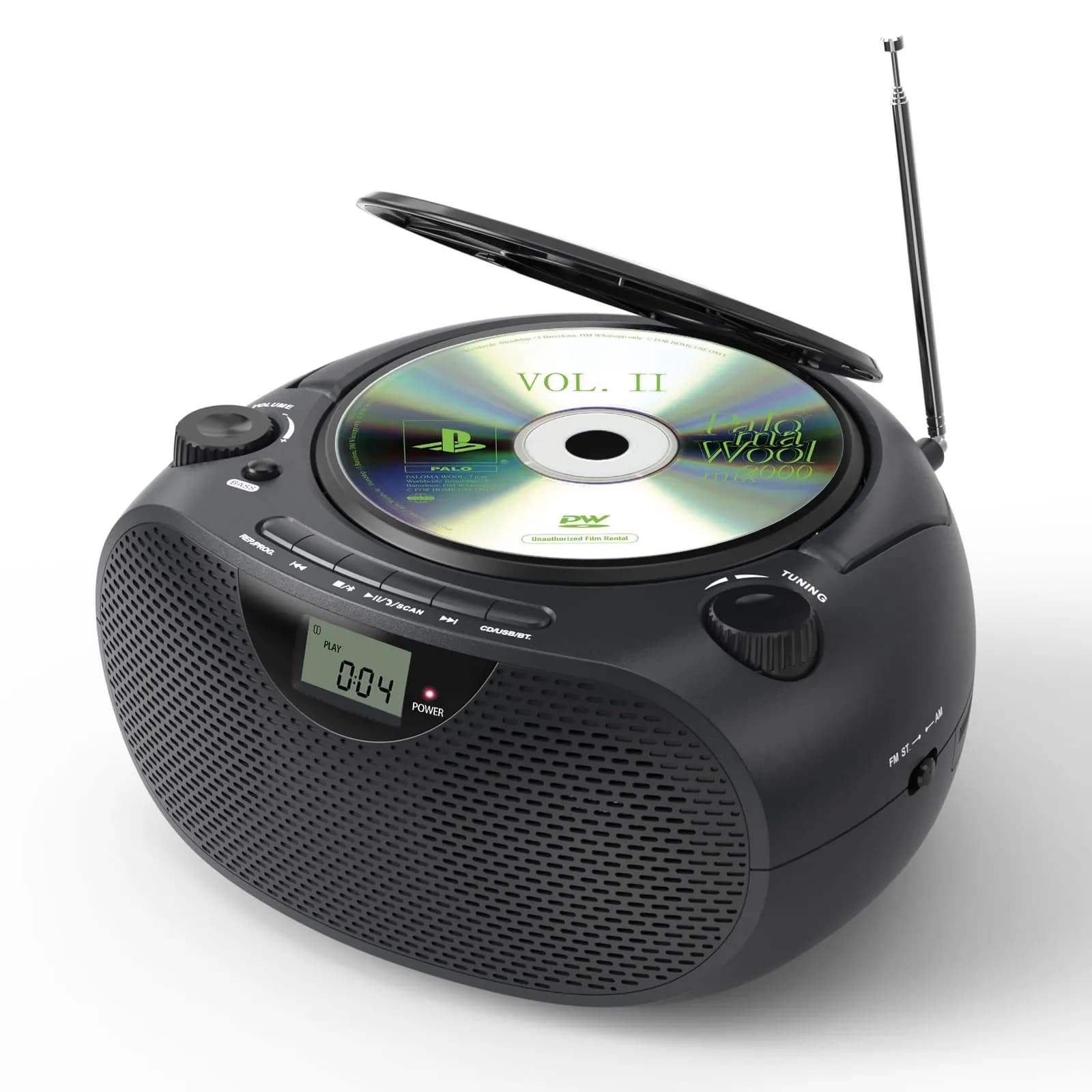 Boombox portatile per CD con radio AM FM bluetooth e USB, altoparlanti bassi potenziati Alimentazione CA e CC